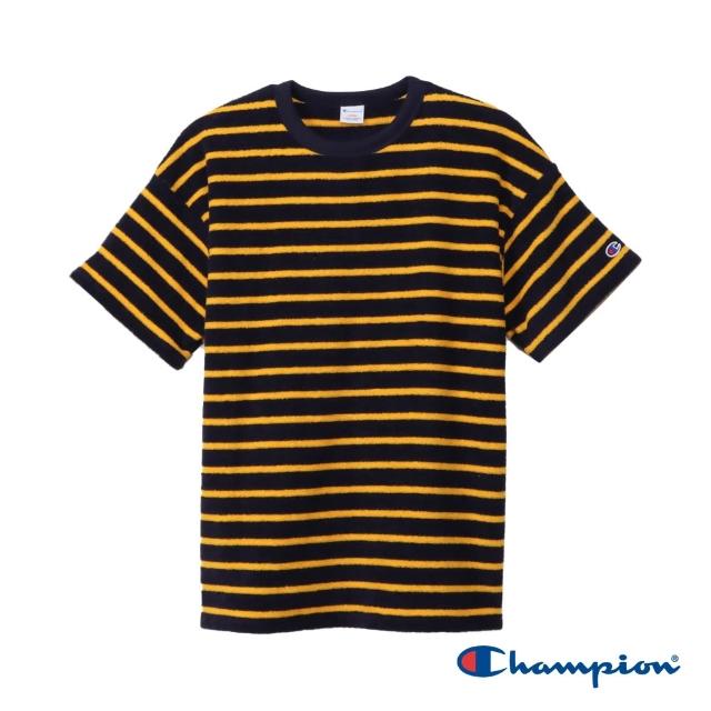 【Champion】官方直營 男款-CASUAL 寬版條紋連肩輕刷毛短袖TEE-深藍色條紋(C3-Z334-370)