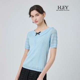 【ILEY 伊蕾】蝴蝶結坑條直紋縲縈針織上衣(淺藍；M-XL；1251375002)