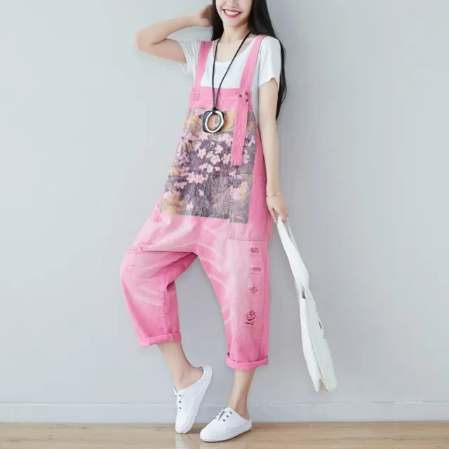【巴黎精品】復古牛仔吊帶褲大碼寬褲直筒褲落地褲休閒女裝(做舊印花破洞顯瘦女長褲子3色n1ir60)