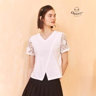 【OUWEY 歐薇】拼接蕾絲袖V領彈性棉質上衣(白；S-XL；3252321253)