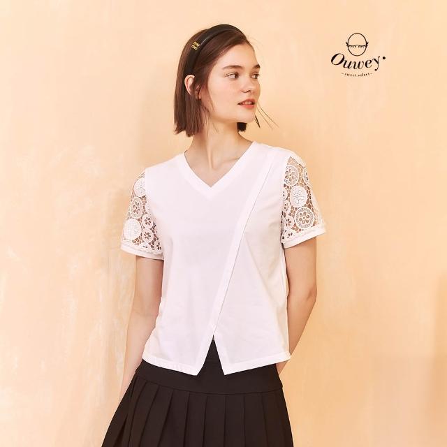 【OUWEY 歐薇】拼接蕾絲袖V領彈性棉質上衣(白；S-XL；3252321253)