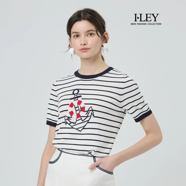 【ILEY 伊蕾】海軍風船錨緹花縲縈針織上衣(白；M-2L；1251375005)
