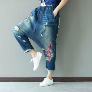 【紐約精品】現貨+預購 復古牛仔褲(破洞磨白大襠刺繡哈倫褲潮個性拼接大碼女褲子a1ir44)