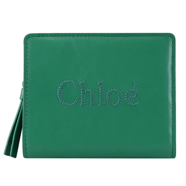【Chloe’ 蔻依】SENSE 簡約電繡品牌LOGO小牛皮對折扣式零錢短夾(綠)