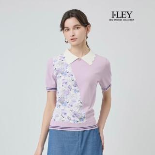 【ILEY 伊蕾】翻領印花拼接縲縈針織上衣(紫；M-2L；1251175013)