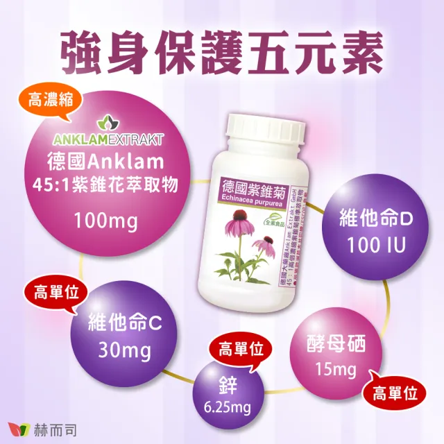 【赫而司】德國紫錐菊1罐(共60錠保護升級45倍高濃縮紫錐花多醣體維生素CD鋅硒兒童孕哺乳婦全素口含錠)