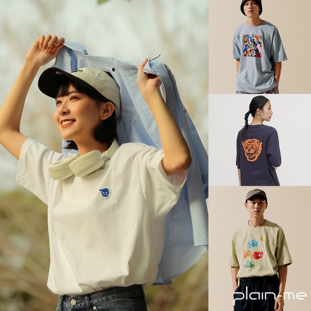【plain-me】男女款任選衣 經典小P社長 虎吸吐納 俏皮圖 花花(白灰色 藍綠 短袖上衣 短T 圖紋 JNP)