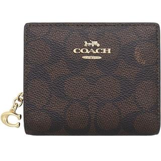 【COACH】Cx深咖啡PVC滿版LOGO對折式零錢包短夾