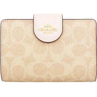 【COACH】白X淺奶茶PVC滿版LOGO寬版釦式零錢袋中夾