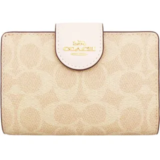 【COACH】白X淺奶茶PVC滿版LOGO寬版釦式零錢袋中夾