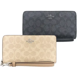 【COACH】PVC滿版LOGO/皮革/織紋布+手提帶拉鍊式長夾(4色)