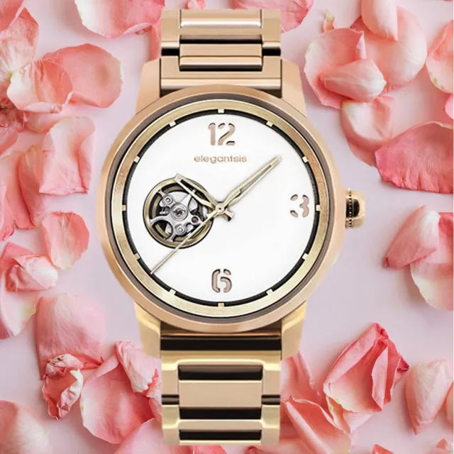 【elegantsis 愛樂時】GOLDEN FASHION 都會時尚面板鏤空機械女錶 玫瑰金 42mm 現貨(ELJT75A-NO03MA)