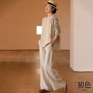 【初色】亞麻風繡花圓領五分長袖T恤女上衣+寬鬆中腰休閒褲寬褲長褲套裝-杏色-12004(M-2XL可選)