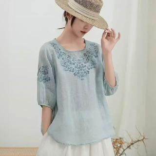 【LANNI 藍尼】★刺繡感棉麻涼爽上衣(女上衣/舒適/圓領/T恤)