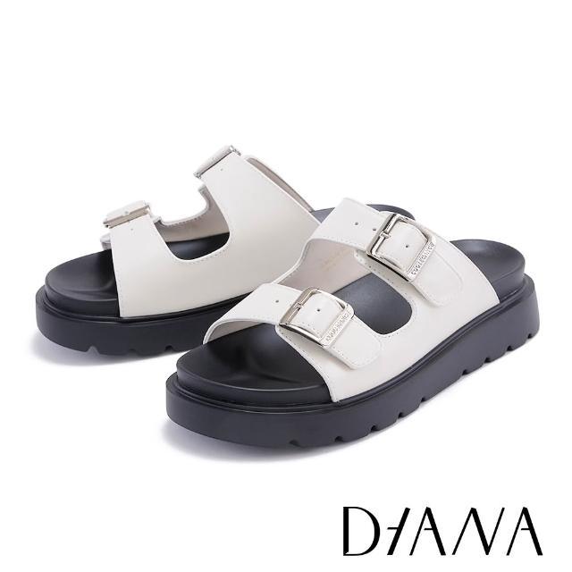 【DIANA】時髦雙寬帶牛皮環扣厚底拖鞋(米色)