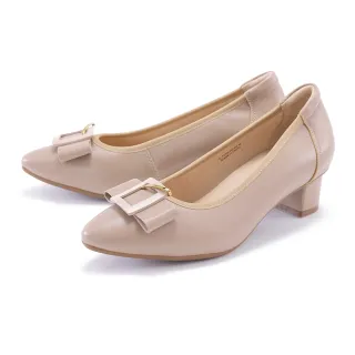 【DIANA】經典方釦蝴蝶結真皮粗中跟鞋(粉色)