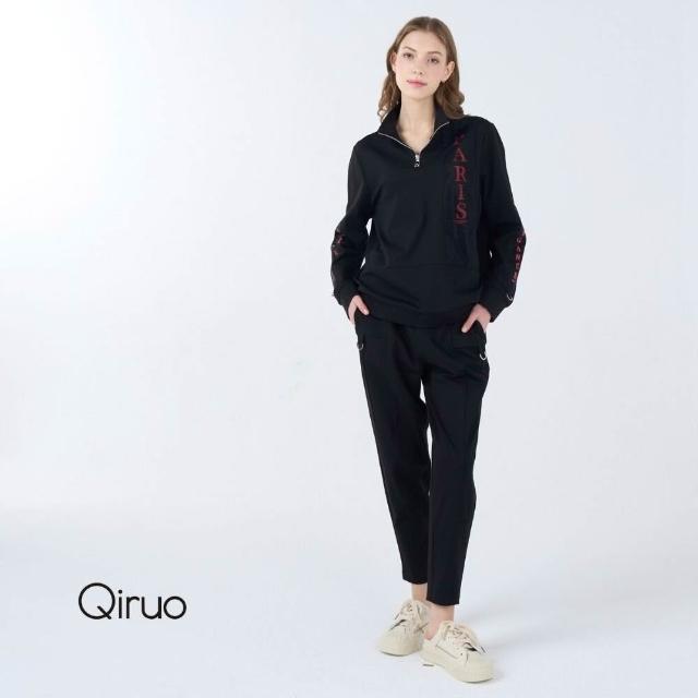 【Qiruo 奇若名品】秋冬黑長袖休閒套裝3077G休閒上衣+長褲 休閒褲裝(M-XL)