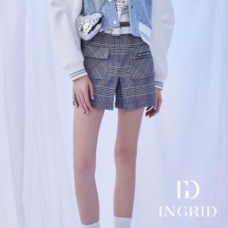 【IGD 英格麗】實體同步款-黑白格紋仿裙造型短褲(黑白細格)