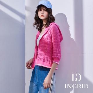 【IGD 英格麗】網路獨賣款-蕾絲泡泡格紋休閒連帽外套(桃紅)