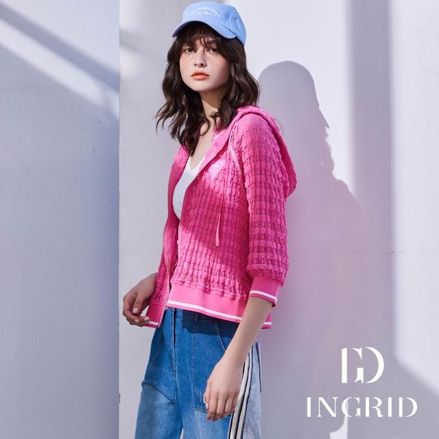【IGD 英格麗】網路獨賣款-蕾絲泡泡格紋休閒連帽外套(桃紅)