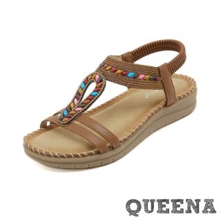 【QUEENA】厚底涼鞋 T字涼鞋/時尚民族風彩色串珠編織T字厚底涼鞋(棕)