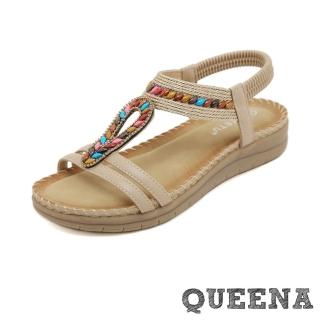 【QUEENA】厚底涼鞋 T字涼鞋/時尚民族風彩色串珠編織T字厚底涼鞋(杏)