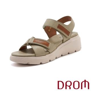 【DROM】厚底涼鞋 坡跟涼鞋/歐美時尚復古皮革拼接交叉魔鬼粘厚底坡跟涼鞋(綠)