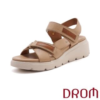 【DROM】厚底涼鞋 坡跟涼鞋/歐美時尚復古皮革拼接交叉魔鬼粘厚底坡跟涼鞋(棕)