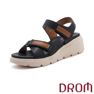 【DROM】厚底涼鞋 坡跟涼鞋/歐美時尚復古皮革拼接交叉魔鬼粘厚底坡跟涼鞋(黑)