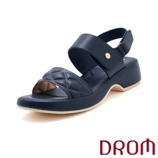 【DROM】厚底涼鞋 魔鬼粘涼鞋/復古格子車線一字帶魔鬼粘厚底涼鞋(藍)