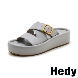 【Hedy】盆底拖鞋 一字拖鞋/復古經典皮帶釦飾一字交叉餅乾盆底拖鞋(灰)