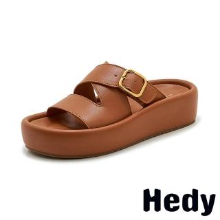 【Hedy】盆底拖鞋 一字拖鞋/復古經典皮帶釦飾一字交叉餅乾盆底拖鞋(棕)
