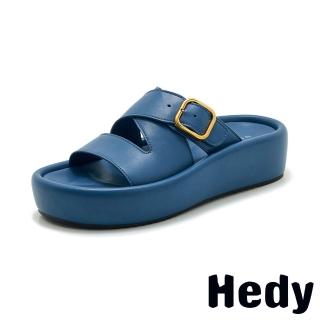 【Hedy】盆底拖鞋 一字拖鞋/復古經典皮帶釦飾一字交叉餅乾盆底拖鞋(藍)