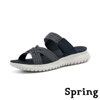 【SPRING】厚底拖鞋 魔鬼粘拖鞋/經典彈力交叉縷空織帶魔鬼粘厚底拖鞋(黑)