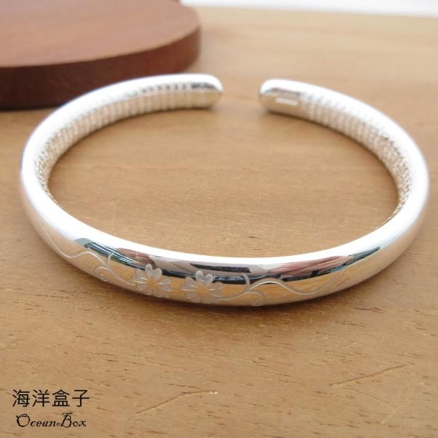 【海洋盒子】花開富貴心經保平安實心S999足銀純銀手鐲手環(實心S999足手環.附贈禮盒.送禮.)