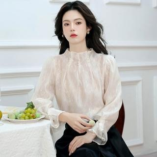 【時尚巴黎】現貨+預購 襯衫長袖上衣(荷葉立領蕾絲珍珠天絲女裝74kh3)
