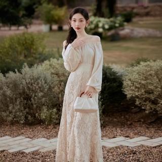 【時尚巴黎】現貨+預購 休閒套裝長袖裙裝(一字領T恤蕾絲長裙女裝74kh17)