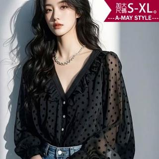 【艾美時尚】中大尺碼女裝 襯衫 上衣 設計感法式浪漫波點V領荷葉邊雪紡衫。S-XL(黑.預購)