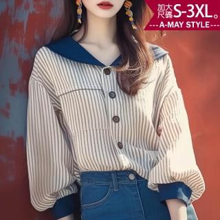 【艾美時尚】夏新品 中大尺碼女裝 上衣 日系設計海軍領排釦條紋澎袖襯衫。S-3XL(條紋.預購)