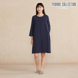 【YVONNE 以旺傢飾】雙層紗半開襟長袖洋裝(丈青)
