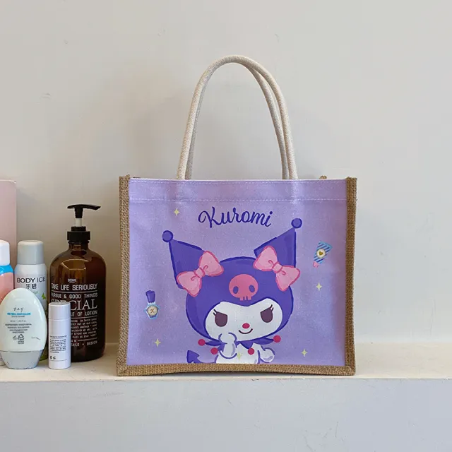 【SANRIO 三麗鷗】天然亞麻大圖像大容量手提包 酷洛米/帕恰狗/美樂蒂/凱蒂貓(手提袋)