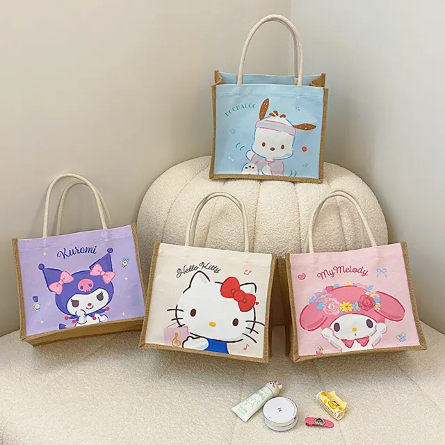 【SANRIO 三麗鷗】天然亞麻大圖像大容量手提包 酷洛米/帕恰狗/美樂蒂/凱蒂貓(手提袋)