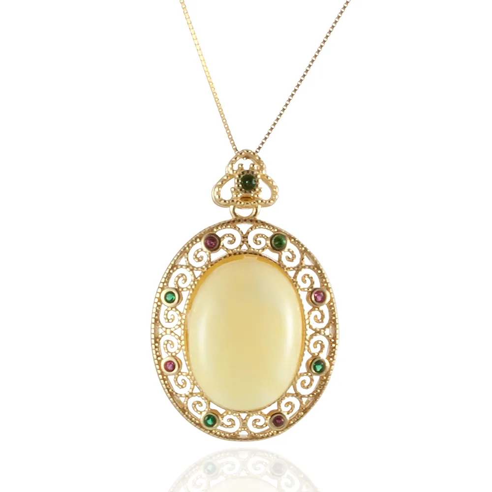 【Woogie武吉珠寶】琥珀蜜蠟精品古金設計蜜蠟項鍊(蛋面白花蜜)