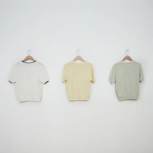 【MOSS CLUB】配色邊條立體小凸點短袖針織上衣(綠 杏 黃/魅力商品)