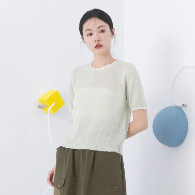【MOSS CLUB】配色邊條立體小凸點短袖針織上衣(綠 杏 黃/魅力商品)