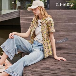 【en-suey 銀穗】褲口繡花牛仔寬褲-女(丹寧)