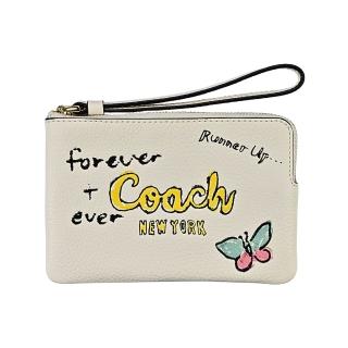 【COACH】荔枝紋皮革掛帶L型拉鍊萬用手拿包(塗鴉插畫壓印)