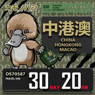 【platypus 鴨嘴獸】Travel Sim 中港澳 30天20GB 上網絡卡(中國 香港 澳門 上網絡卡)