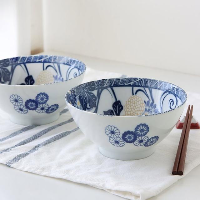 【Just Home】日本製蘭卉陶瓷7吋麵碗2件組(可微波 1000mL 麵碗 湯碗 泡麵碗 拉麵碗 碗公 可微波)