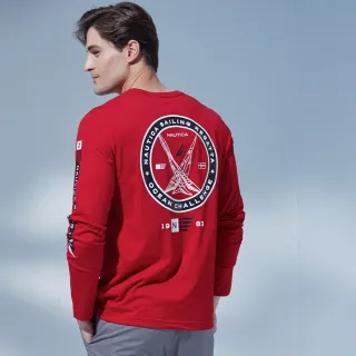 【NAUTICA】官方旗艦 男裝 文字帆船圖騰印花長袖T恤(紅色)
